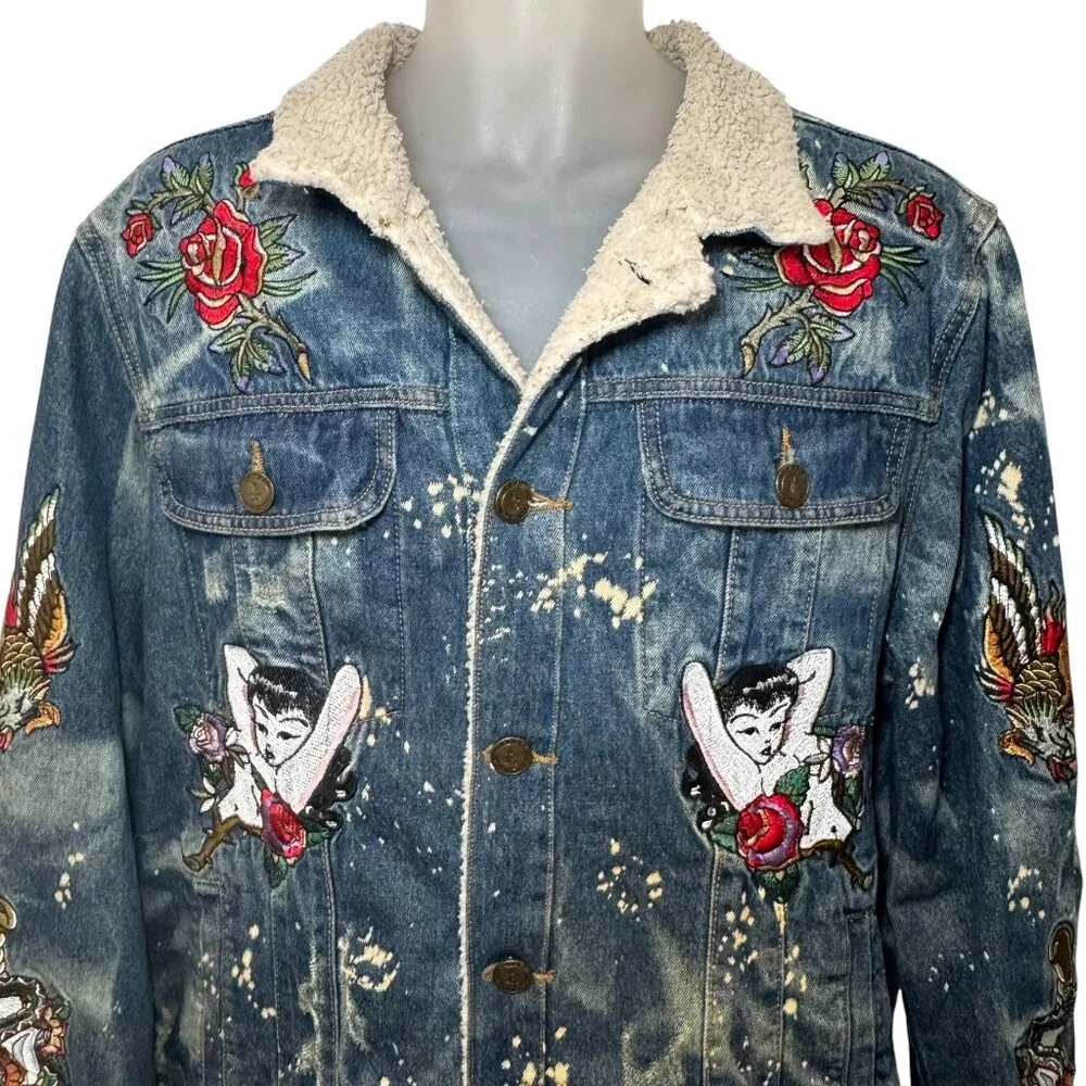 Reason Denim Sherpa Trucker Jacket Death Before Dishonor Embroidered Tattoo sz L